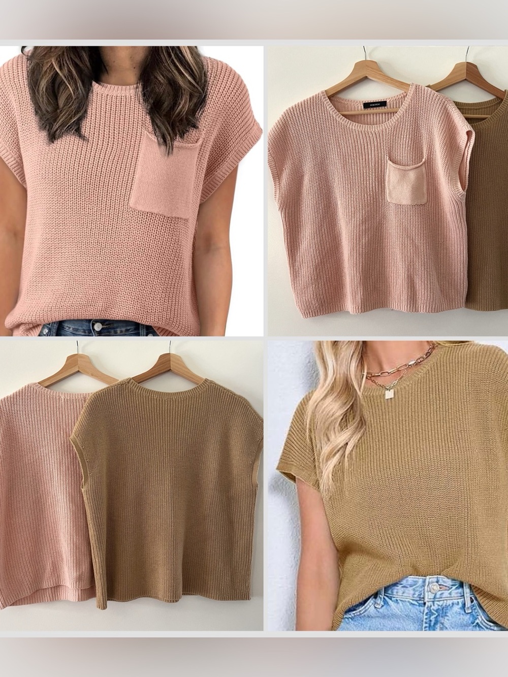 2 Women’s Short-Sleeve Knit Sweater - Pink and Tan